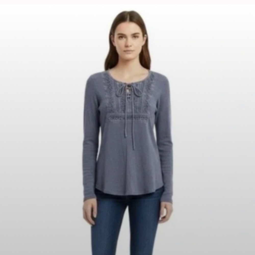 Grey Lucky Brand Crochet Yoke and Lace Up Long Sleeve Thermal Top